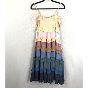 STORIA Dress Womens Small Rainbow Ruffle Tiered Midi Boho Artsy Beach Retro